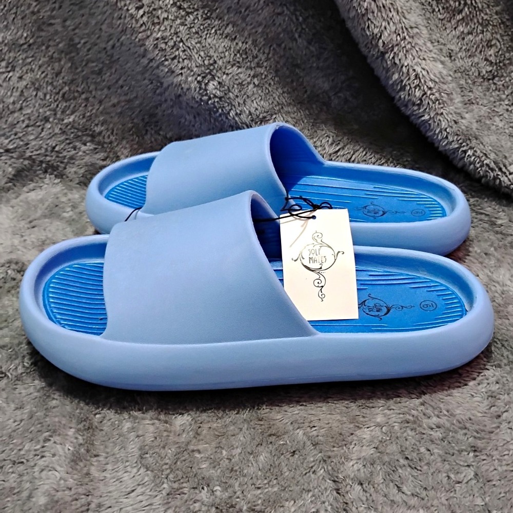 Womens Blue Slide Sandals Size 9 Slip On Synthetic Upper Logo Accent